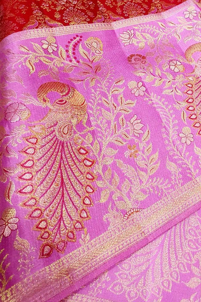 Red And Pink Kanjeevaram Handloom Pure Silk Saree - Luxurion World