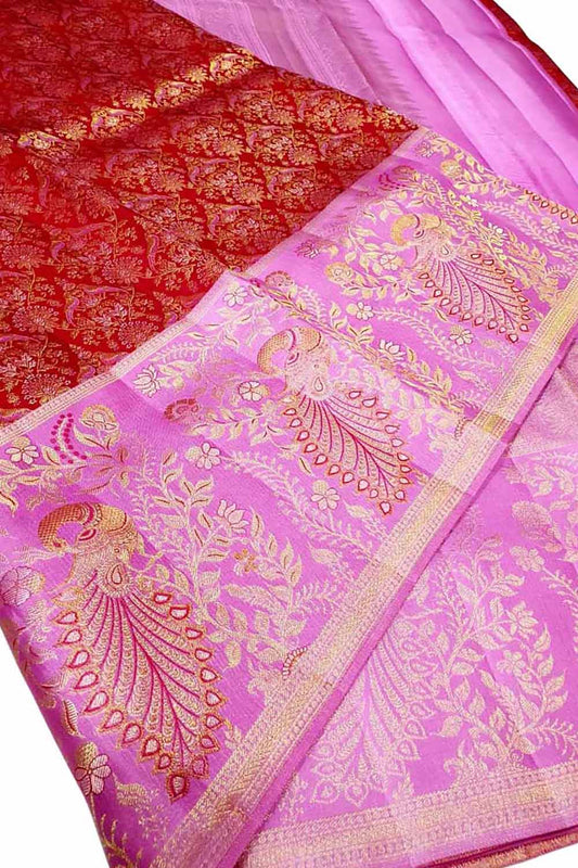 Red And Pink Kanjeevaram Handloom Pure Silk Saree - Luxurion World