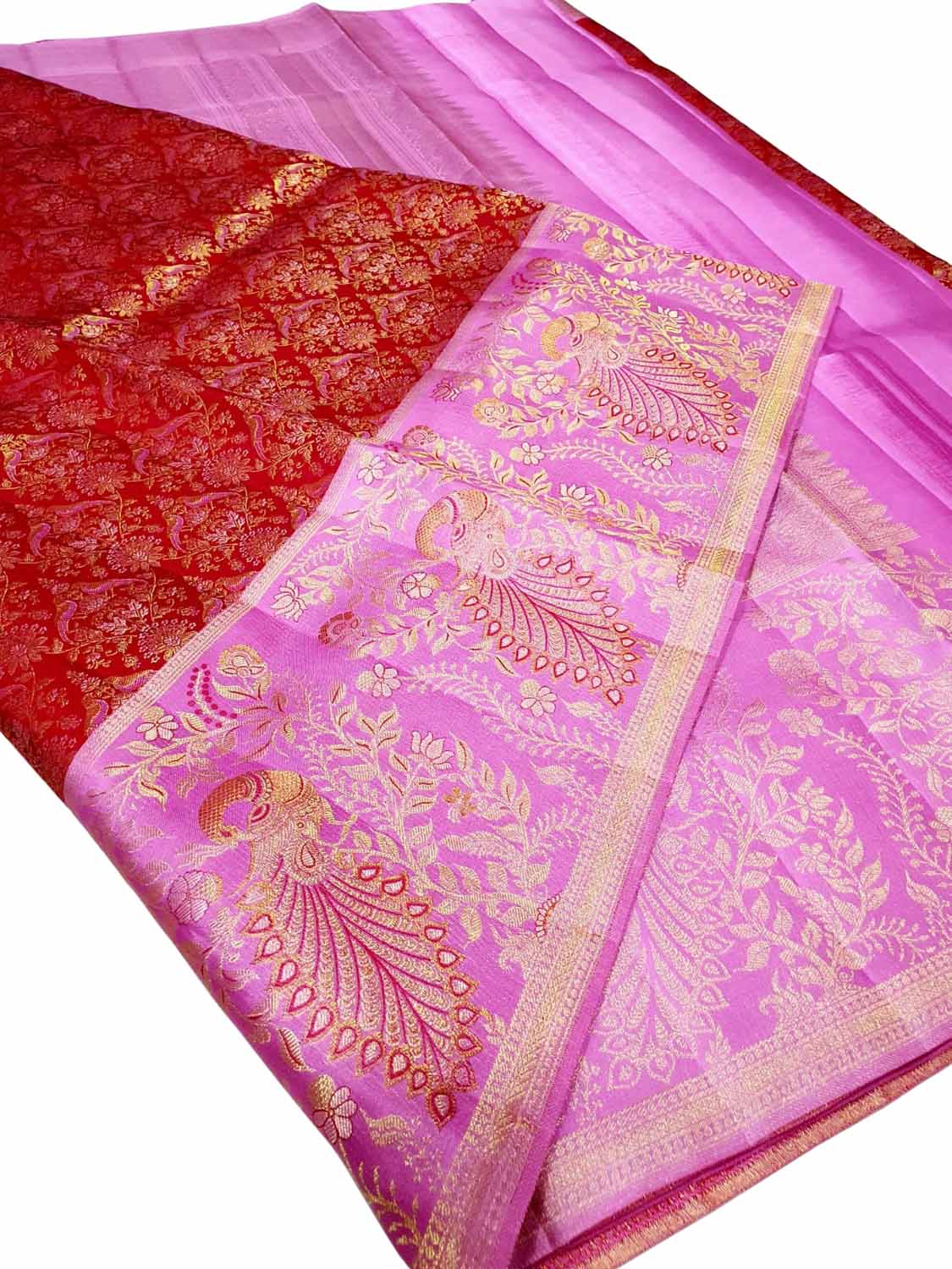 Red And Pink Kanjeevaram Handloom Pure Silk Saree - Luxurion World
