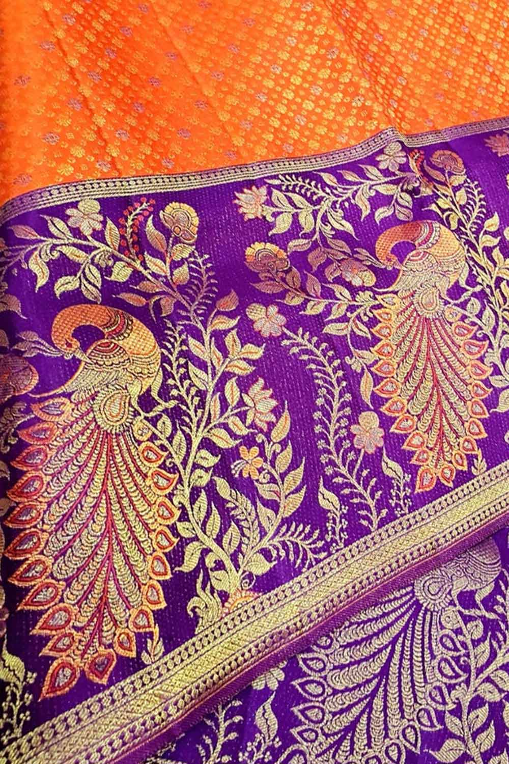 Orange And Purple Kanjeevaram Handloom Pure Silk Saree - Luxurion World