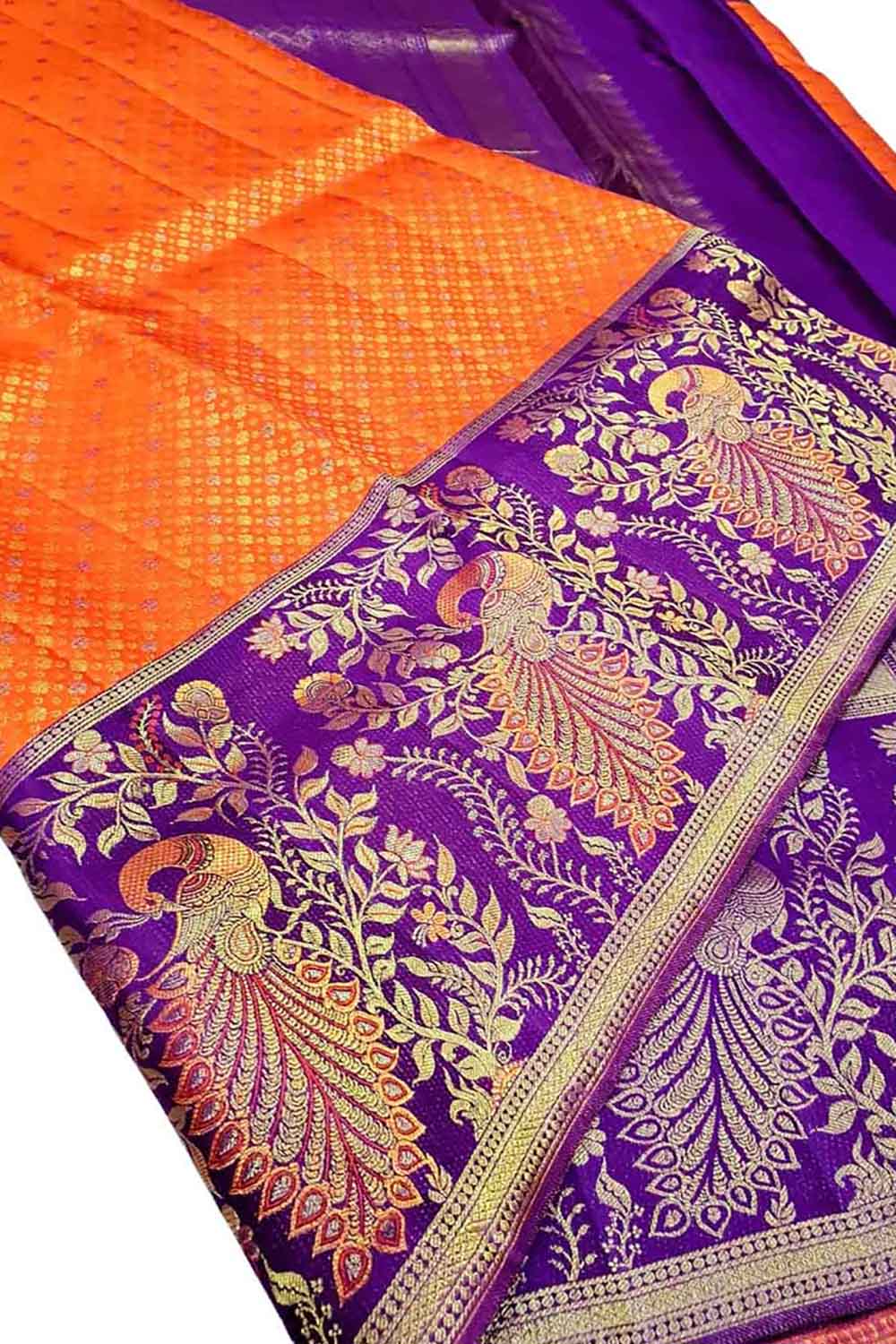 Orange And Purple Kanjeevaram Handloom Pure Silk Saree - Luxurion World