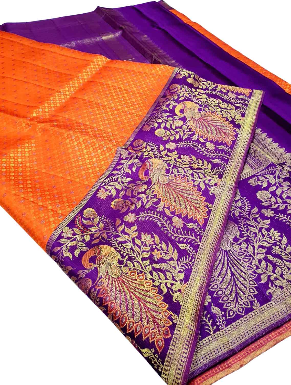 Orange And Purple Kanjeevaram Handloom Pure Silk Saree - Luxurion World