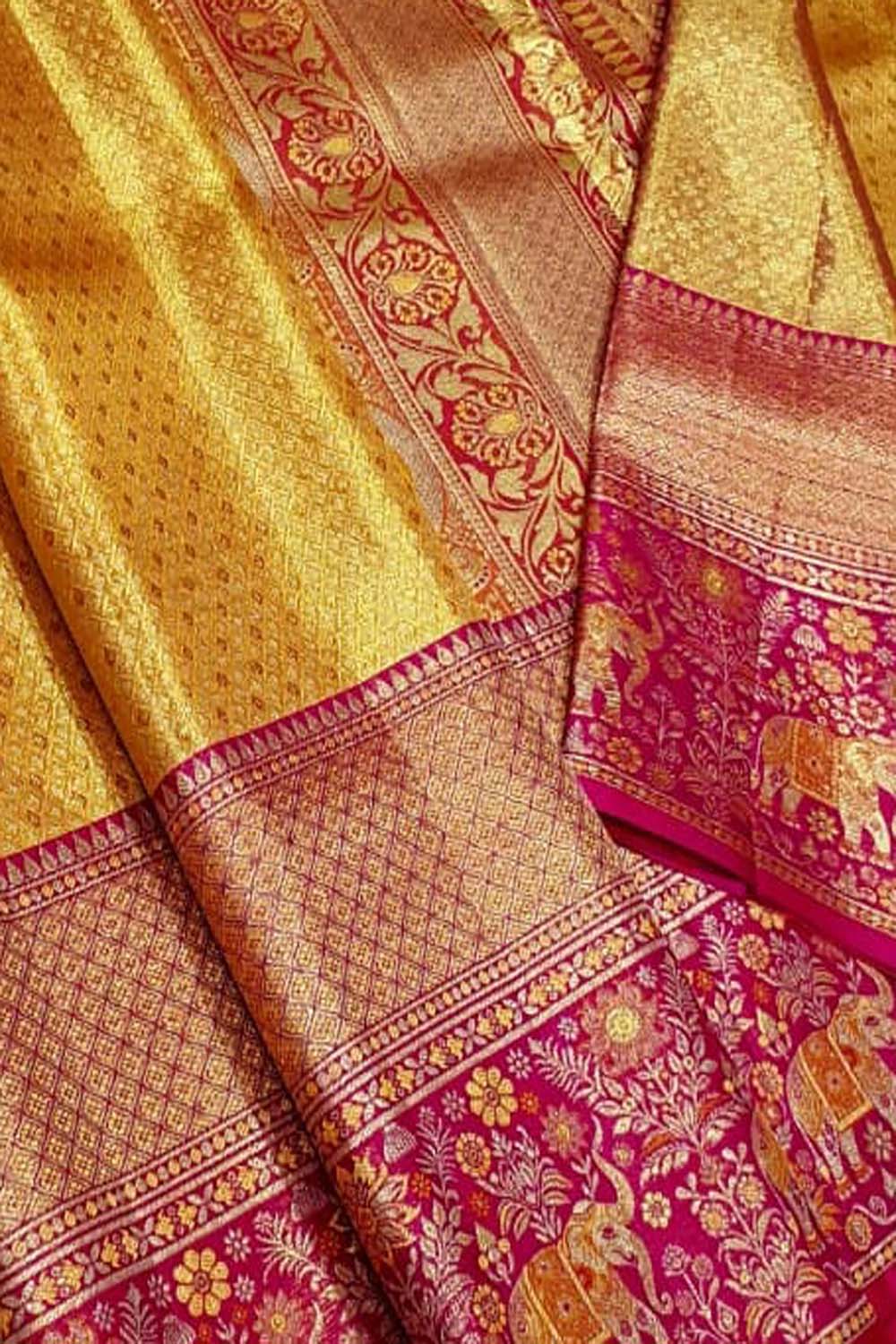 Exquisite Golden Kanjeevaram Pure Silk Saree - Luxurion World