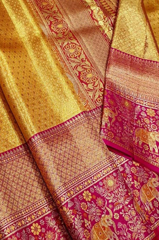 Exquisite Golden Kanjeevaram Pure Silk Saree - Luxurion World