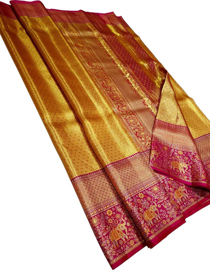 Exquisite Golden Kanjeevaram Pure Silk Saree - Luxurion World