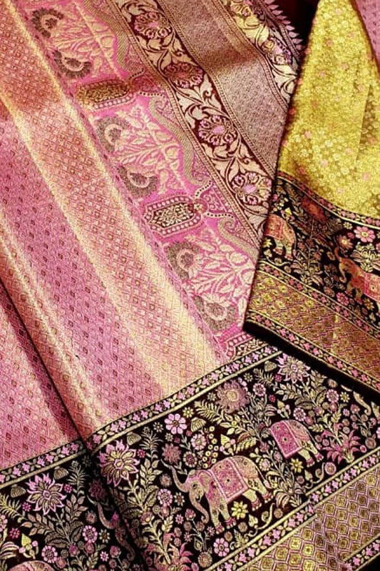 Exquisite Pink Kanjeevaram Handloom Pure Silk Saree - Luxurion World