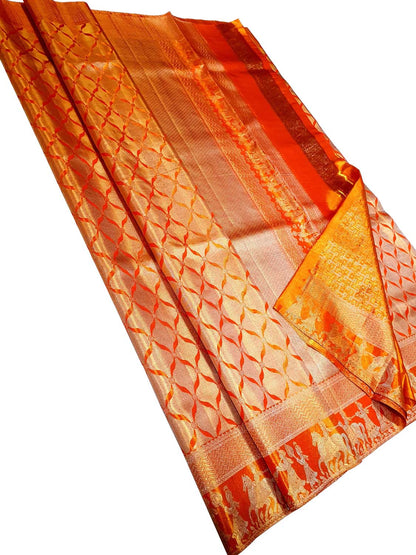 Orange Kanjeevaram Silk Saree: Handloom Elegance - Luxurion World