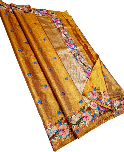 Luxurious Golden Pure Silk Kanjeevaram Saree - Luxurion World