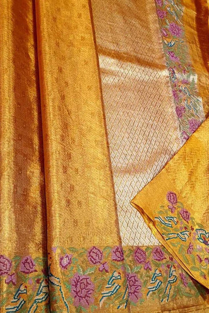 Luxurious Golden Pure Tissue Silk Kanjeevaram Saree - Luxurion World