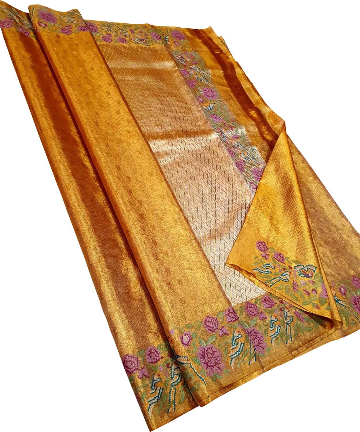 Luxurious Golden Pure Tissue Silk Kanjeevaram Saree - Luxurion World