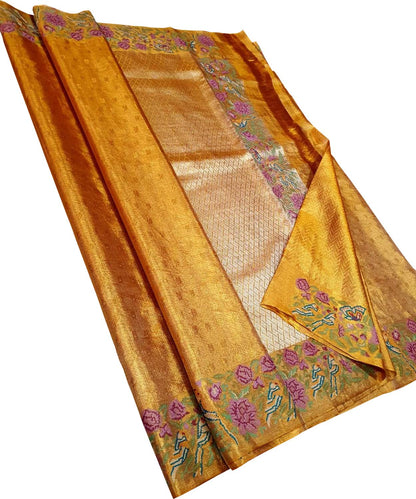 Luxurious Golden Pure Tissue Silk Kanjeevaram Saree - Luxurion World
