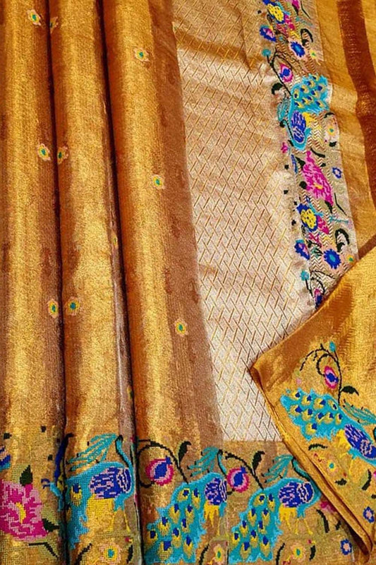 Exquisite Golden Pure Silk Kanjeevaram Saree - Luxurion World