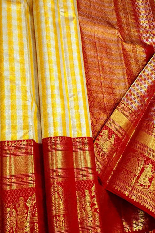 Yellow Silk Kanjeevaram Saree - Handloom Elegance - Luxurion World