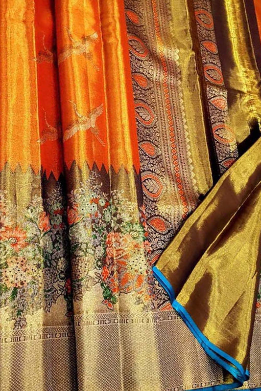 Orange Pure Silk Kanjeevaram Saree - Handloom Elegance - Luxurion World