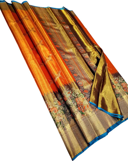 Orange Pure Silk Kanjeevaram Saree - Handloom Elegance - Luxurion World