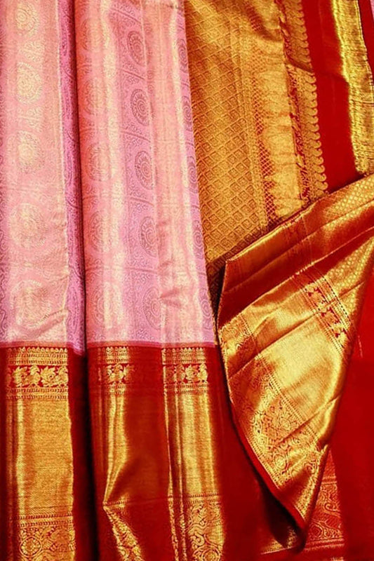 Exquisite Pink Pure Tissue Silk With Real Gold Zari Handloom Kanjeevaram Saree - Luxurion World
