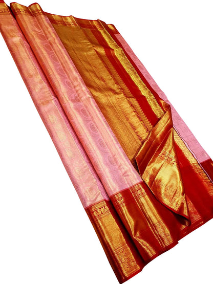 Exquisite Pink Pure Tissue Silk With Real Gold Zari Handloom Kanjeevaram Saree - Luxurion World