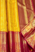 Yellow Pure Tissue Silk With Real Gold Zari Handloom Kanjeevaram Saree - Luxurion World