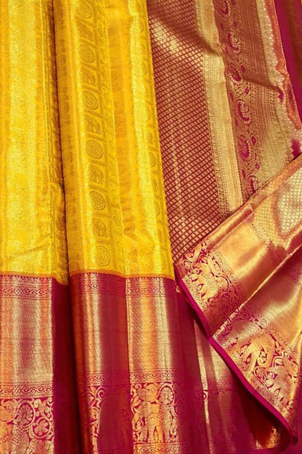 Yellow Pure Tissue Silk With Real Gold Zari Handloom Kanjeevaram Saree - Luxurion World