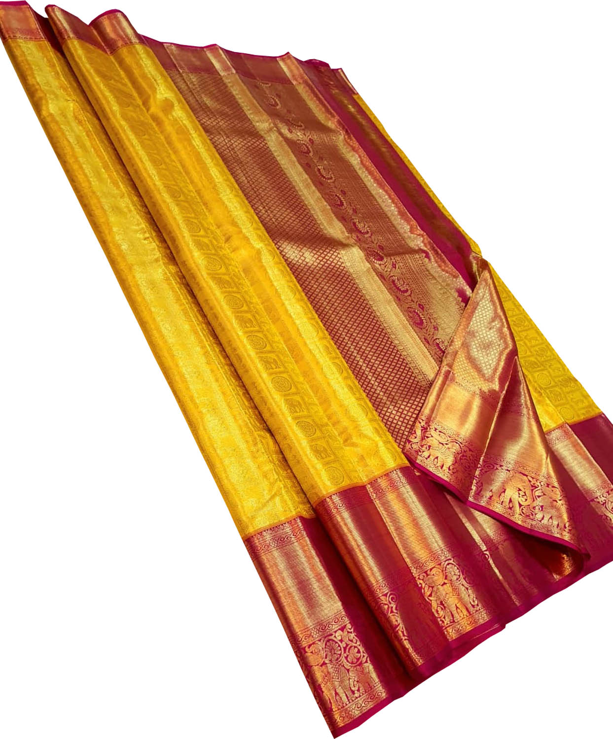 Yellow Pure Tissue Silk With Real Gold Zari Handloom Kanjeevaram Saree - Luxurion World