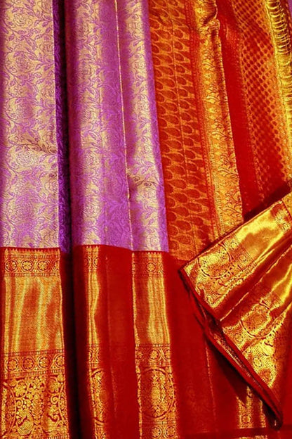 Exquisite Pink Pure Tissue Silk With Real Gold Zari Handloom Kanjeevaram Saree - Luxurion World