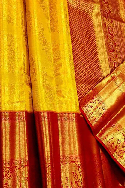 Yellow Pure Tissue Silk With Real Gold Zari Handloom Kanjeevaram Saree - Luxurion World