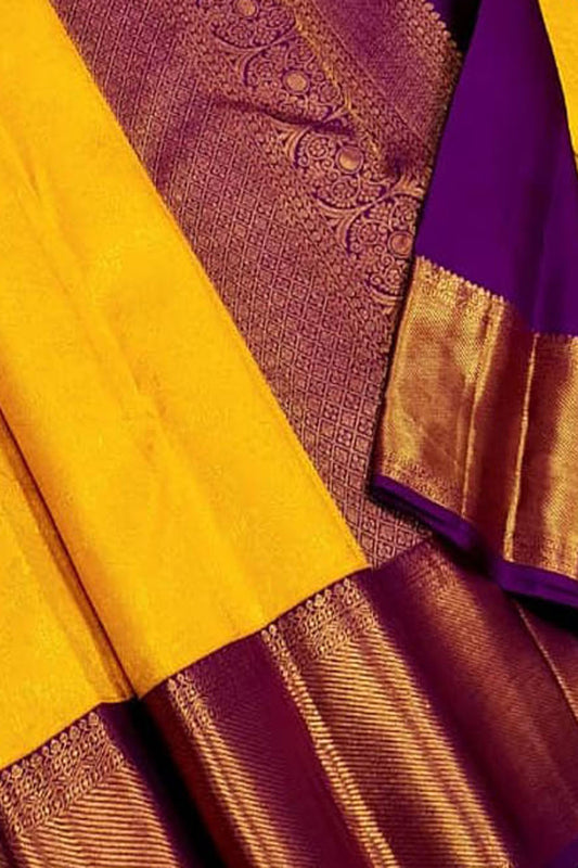 Yellow Handloom Kanjeevaram Pure Silk Saree - Elegant and Luxurious - Luxurion World