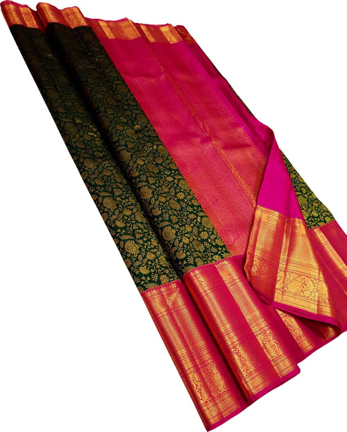 Green Pure Silk Kanjeevaram Handloom Korvai Saree - Luxurion World