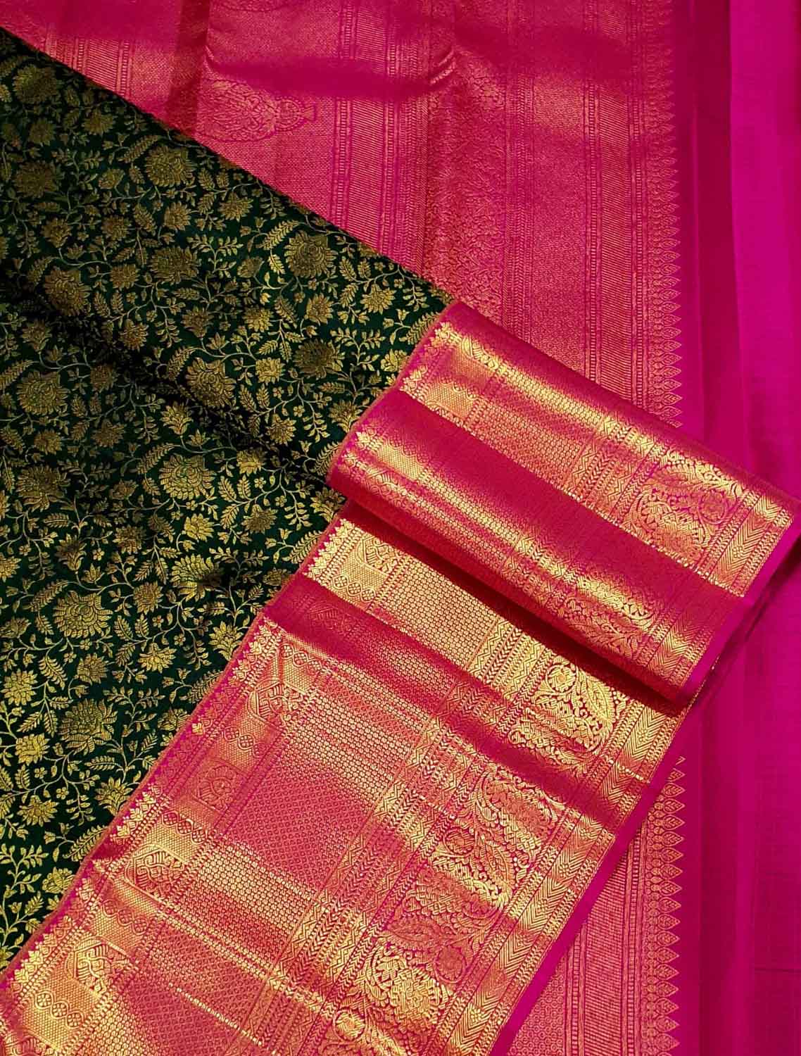 Green Pure Silk Kanjeevaram Handloom Korvai Saree - Luxurion World