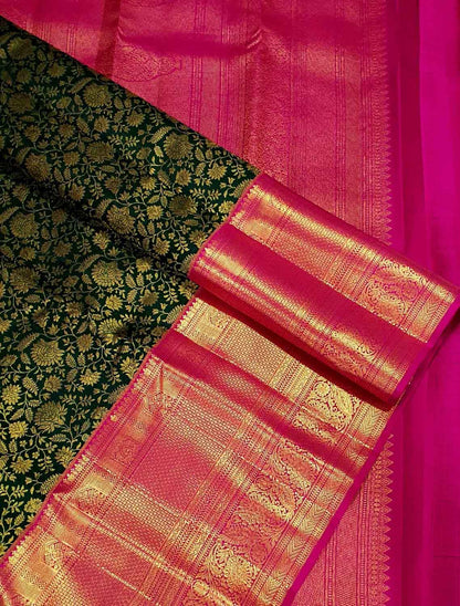 Green Pure Silk Kanjeevaram Handloom Korvai Saree - Luxurion World