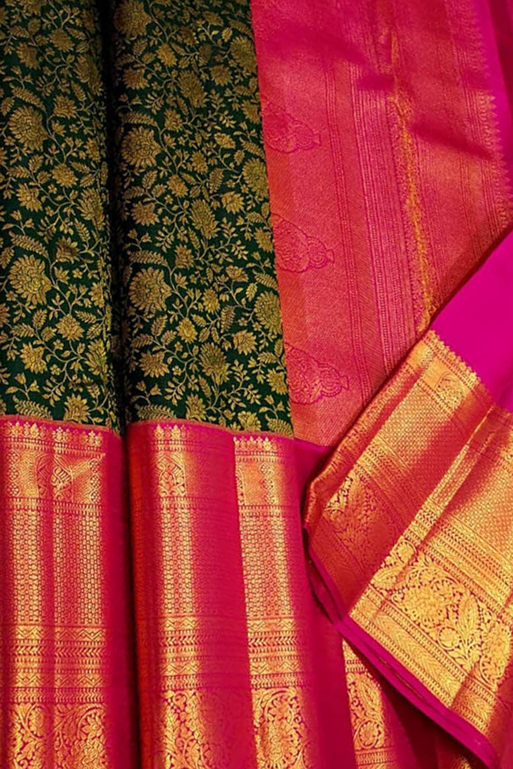 Green Pure Silk Kanjeevaram Handloom Korvai Saree - Luxurion World