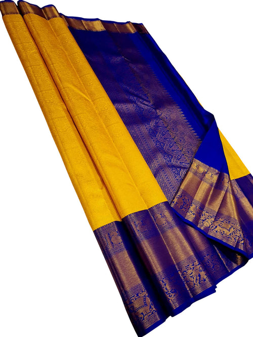 Yellow Pure Silk Kanjeevaram Handloom Korvai Saree - Luxurion World