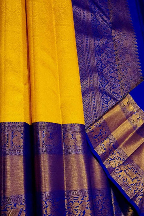 Yellow Pure Silk Kanjeevaram Handloom Korvai Saree - Luxurion World