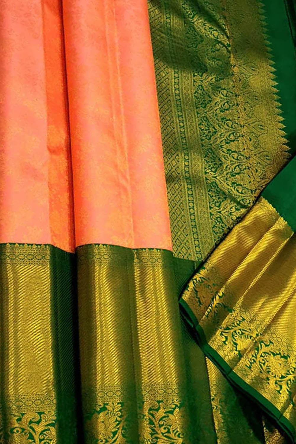 Peach Pure Silk Kanjeevaram Handloom Korvai Saree - Luxurion World