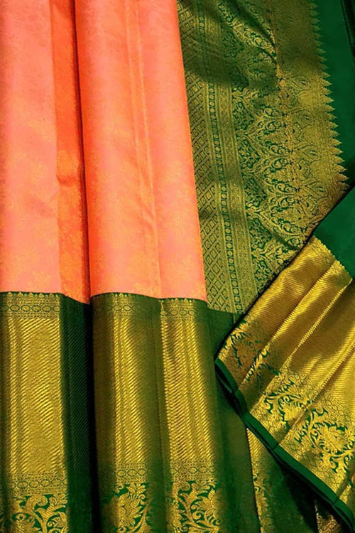 Peach Pure Silk Kanjeevaram Handloom Korvai Saree - Luxurion World