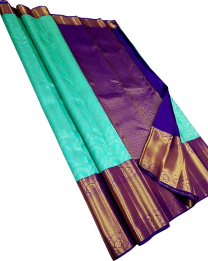 Blue Pure Silk Kanjeevaram Handloom Korvai Saree - Luxurion World