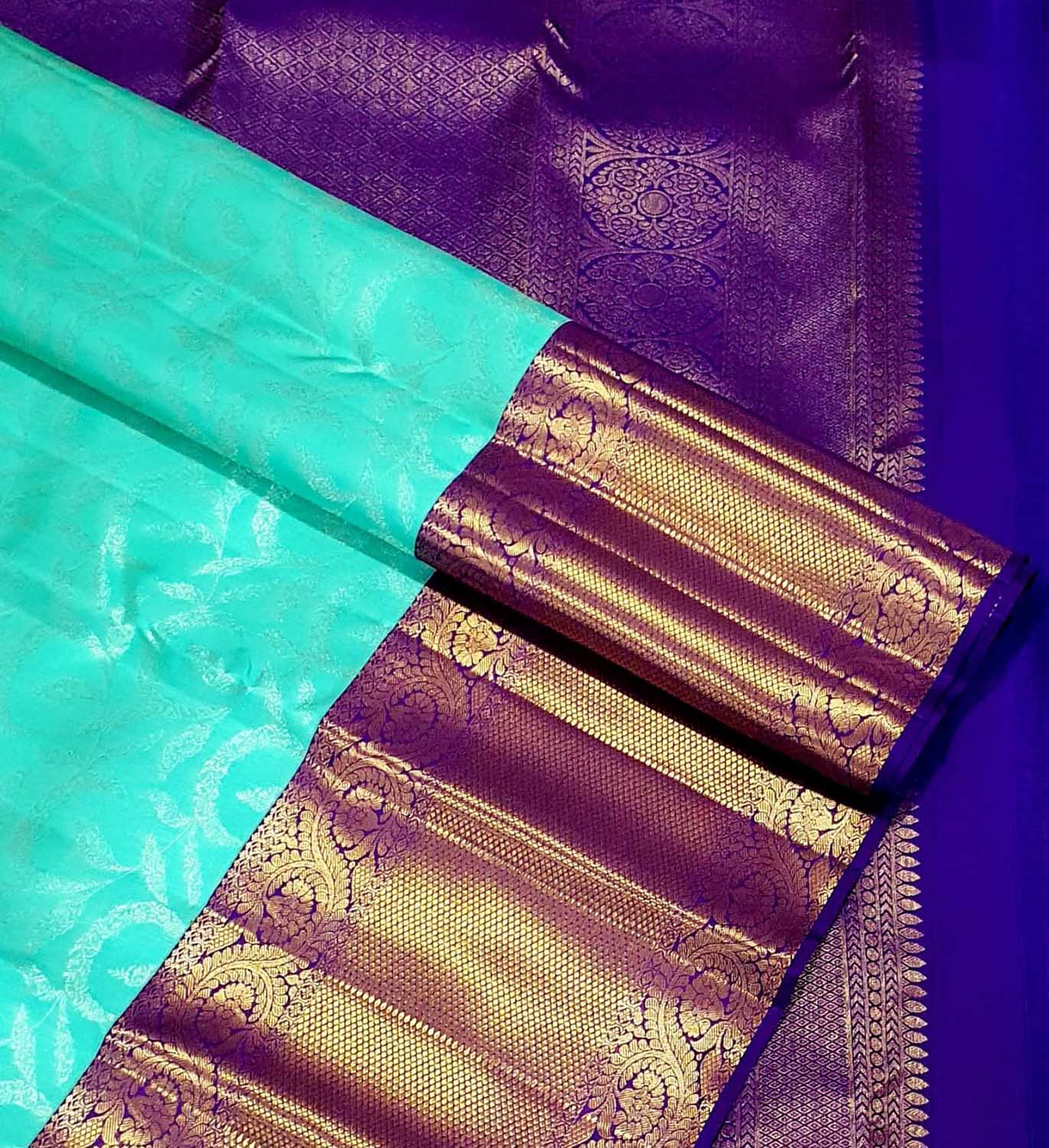Blue Pure Silk Kanjeevaram Handloom Korvai Saree - Luxurion World