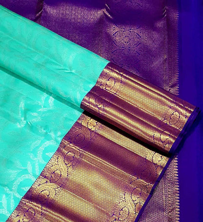 Blue Pure Silk Kanjeevaram Handloom Korvai Saree - Luxurion World