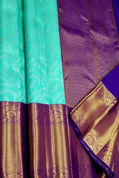 Blue Pure Silk Kanjeevaram Handloom Korvai Saree - Luxurion World
