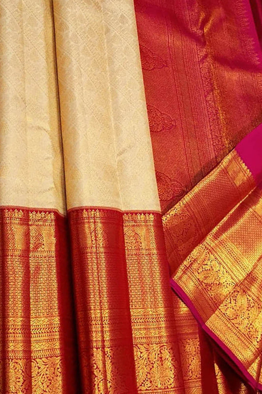 Golden Pure Silk Kanjeevaram Handloom Korvai Saree - Luxurion World