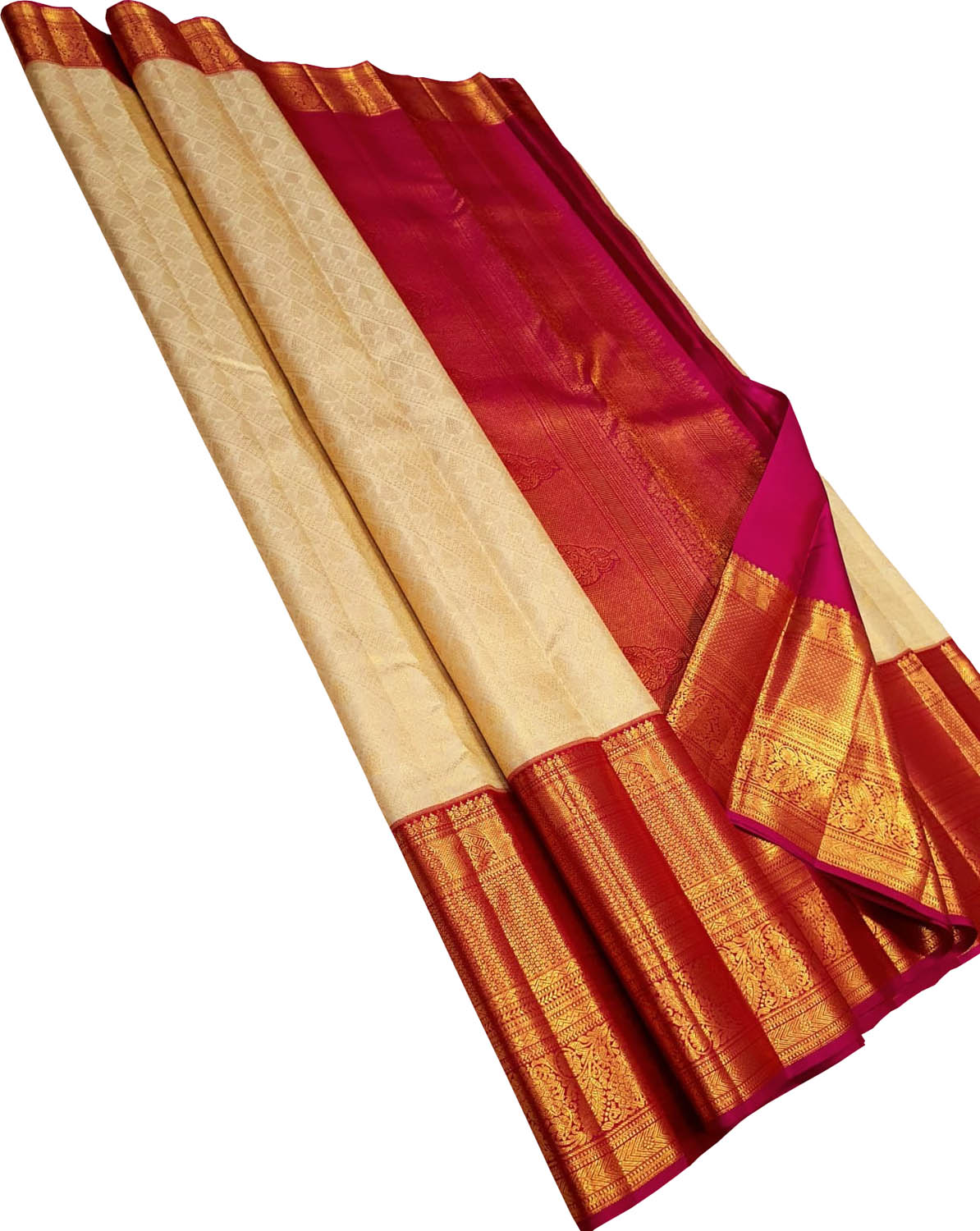 Golden Pure Silk Kanjeevaram Handloom Korvai Saree - Luxurion World