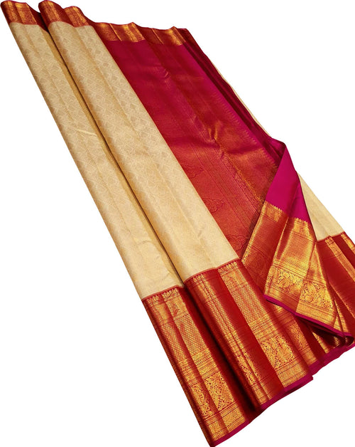 Golden Pure Silk Kanjeevaram Handloom Korvai Saree - Luxurion World