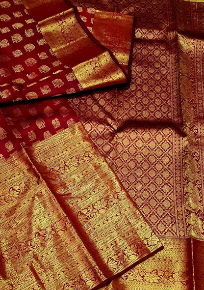 Maroon Pure Silk Kanjeevaram Handloom Korvai Saree - Luxurion World