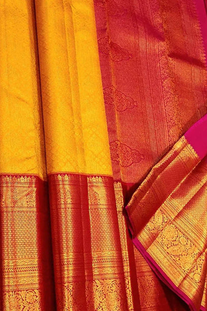 Yellow Pure Silk Kanjeevaram Handloom Korvai Saree - Luxurion World