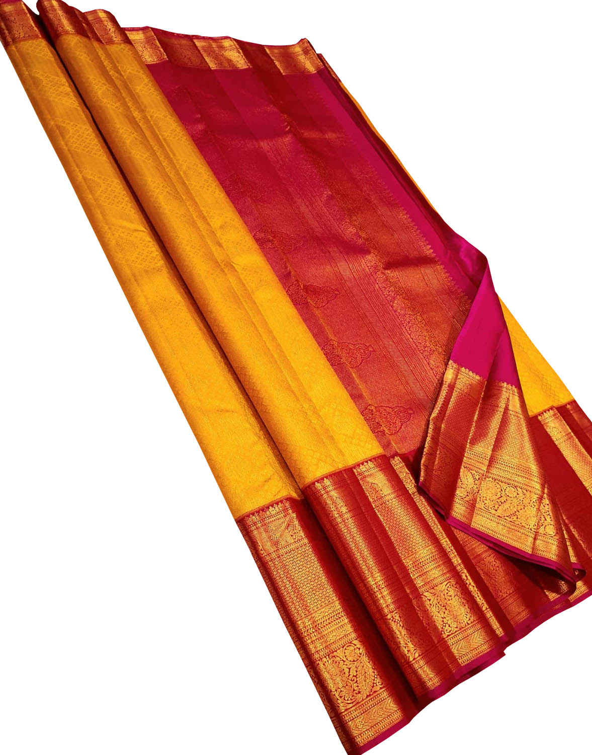 Yellow Pure Silk Kanjeevaram Handloom Korvai Saree - Luxurion World