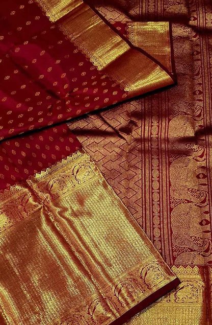Maroon Pure Silk Kanjeevaram Handloom Korvai Saree - Luxurion World