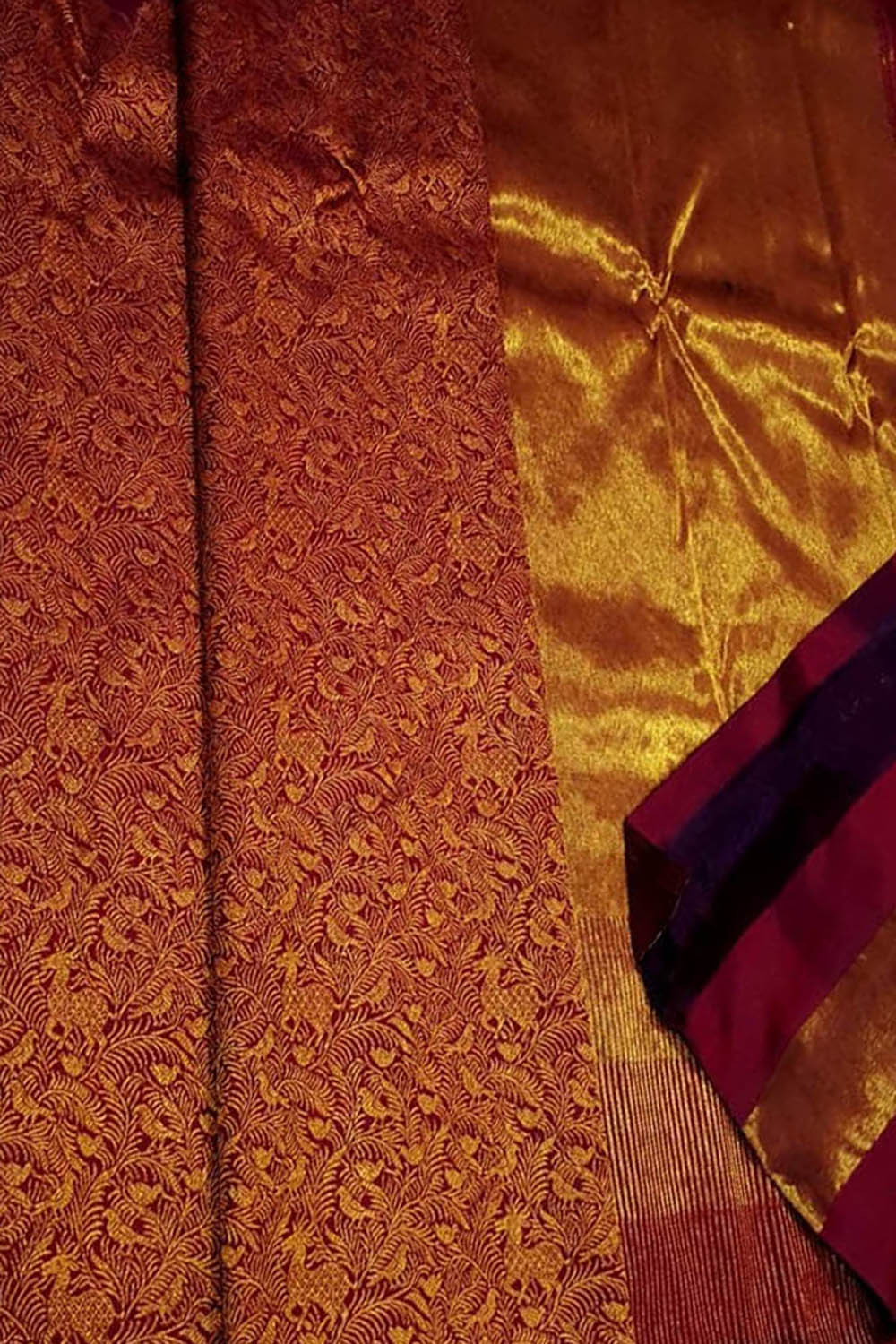 Maroon Pure Silk Kanjeevaram Handloom Korvai Saree - Luxurion World