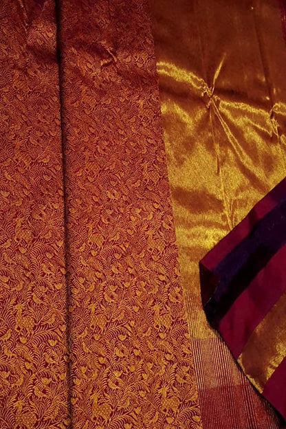 Maroon Pure Silk Kanjeevaram Handloom Korvai Saree - Luxurion World