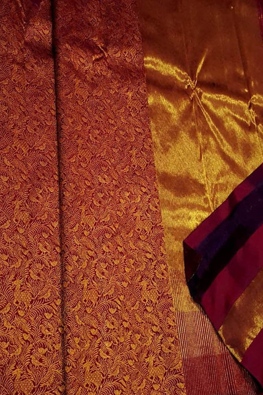 Maroon Pure Silk Kanjeevaram Handloom Korvai Saree - Luxurion World
