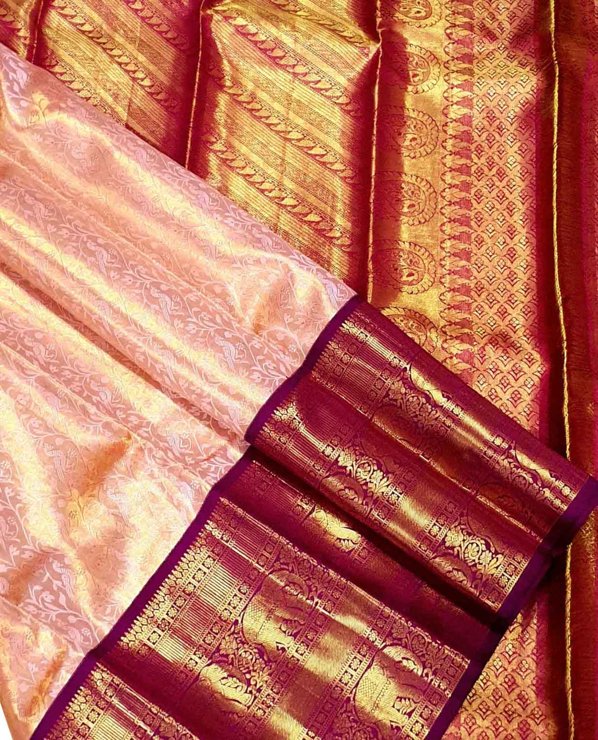Pink Pure Kanjivaram Tissue Silk Handloom Saree - Luxurion World